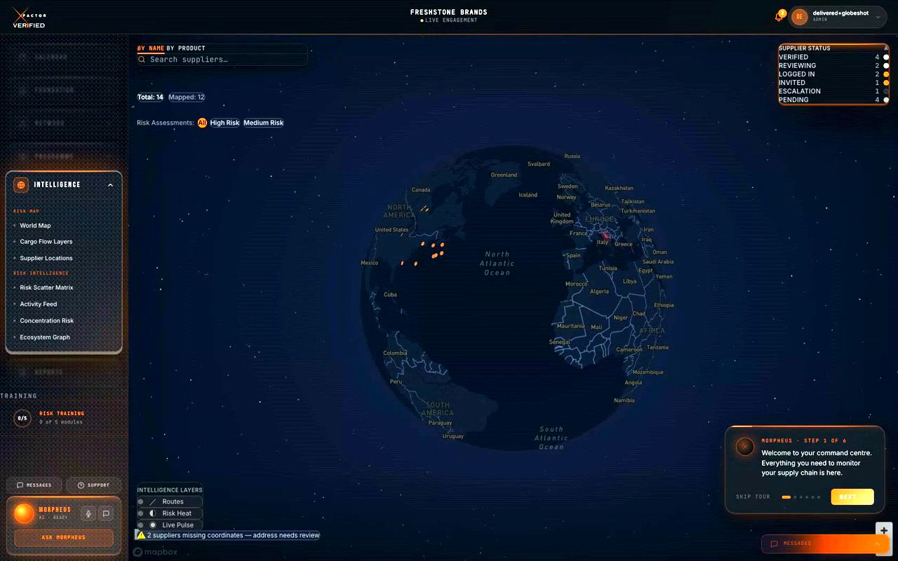 Every supplier geo-pinned by risk, scored live