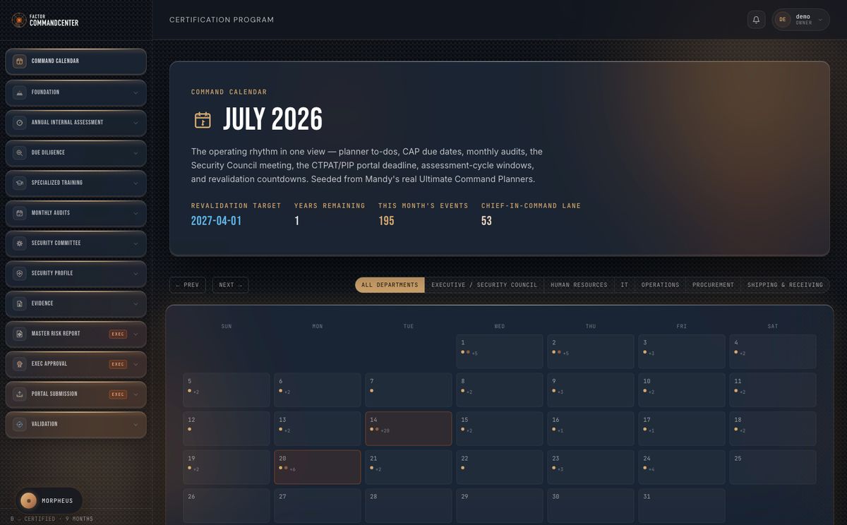 The command calendar — every obligation on its date